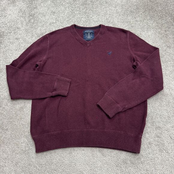 American Eagle Outfitters Pullover Sweater Mens Medium Burgundy Cotton V-Neck - Picture 1 of 13